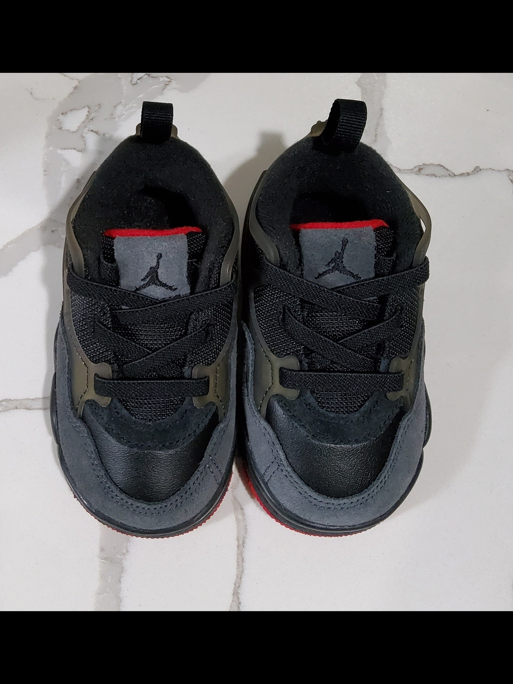 Jordan 4 Kids Black and Gray Sneakers with Red Accent Sice 5C